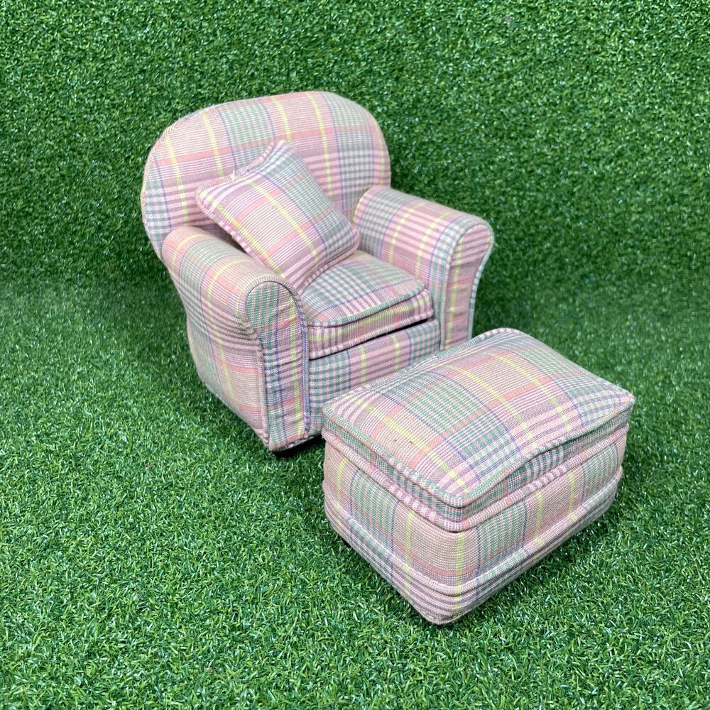 Vintage Dollhouse Miniature Plaid Armchair and Ottoman Set